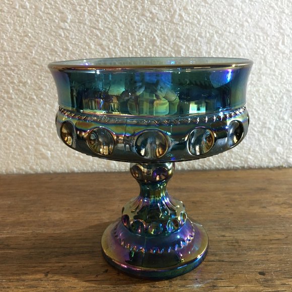 Indiana Glass Company Other - Kings Crown Blue Iridescent Carnival Glass Pedestal Candy Dish